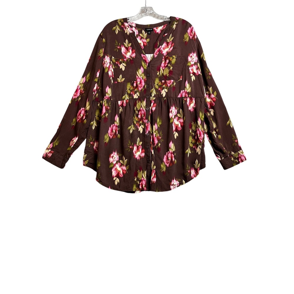 Torrid Sz1 Brown Floral Babydo Pink Rose Top Tunic 1X Peplum Cottagecore Boho